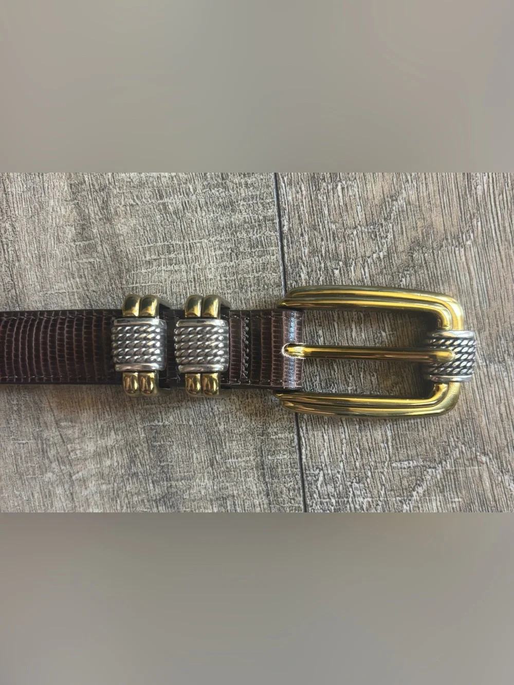 Brighton women’s size 34 brown reptile embossed texture and two-tone buckle belt